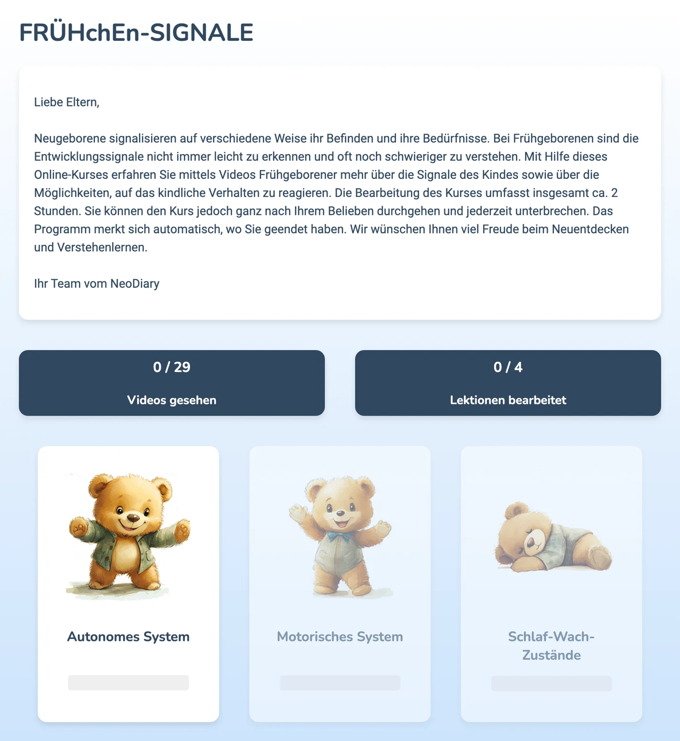 Online-Kurs FRÜHchEn-SIGNALE im Browser: vier Lektionen und 29 Videos (learning.neodiary.app)